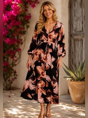 Brave + True NWT Black Floral Maxi Dress | Boho Long Sleeve Tie Waist